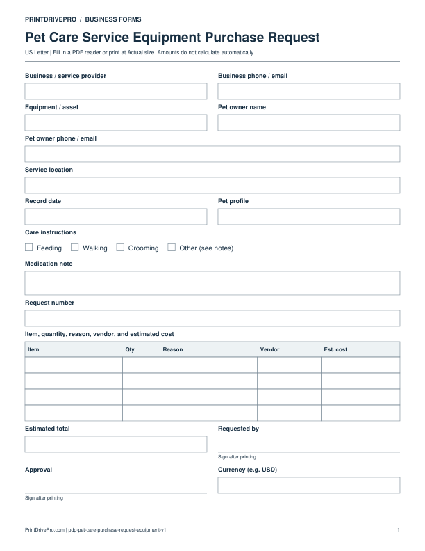 Preview of Pet Care Service Equipment Purchase Request