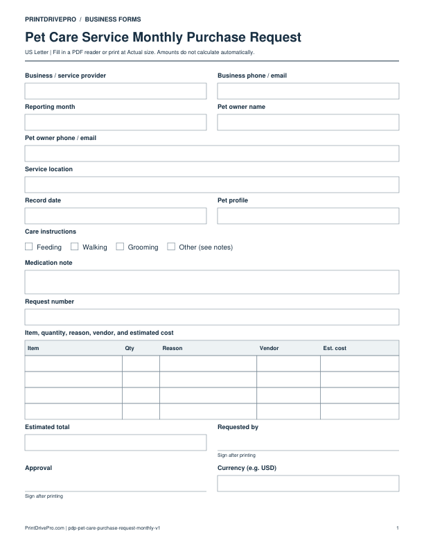 Preview of Pet Care Service Monthly Purchase Request