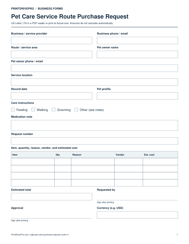 Preview of Pet Care Service Route Purchase Request