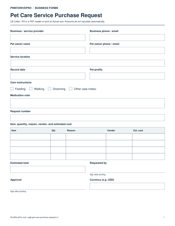 Preview of Pet Care Service Purchase Request