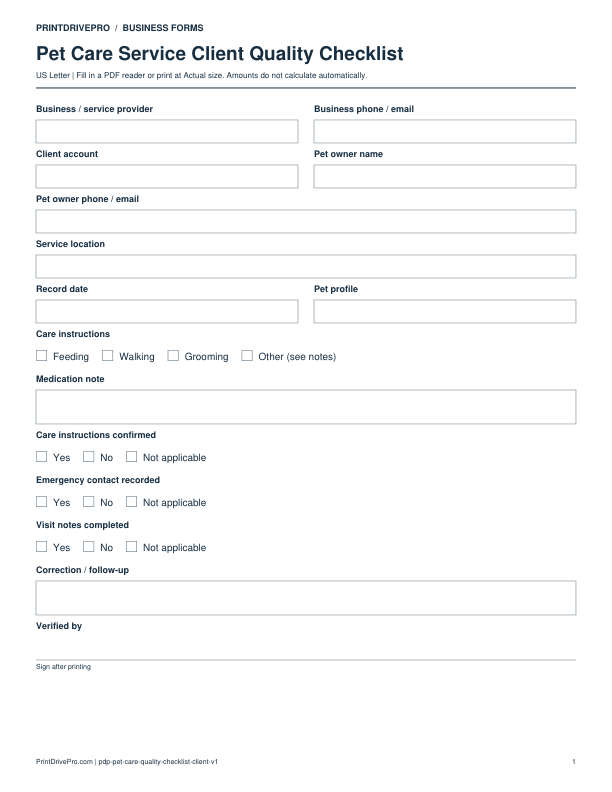 Preview of Pet Care Service Client Quality Checklist