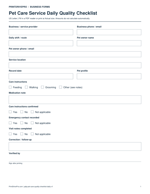 Preview of Pet Care Service Daily Quality Checklist