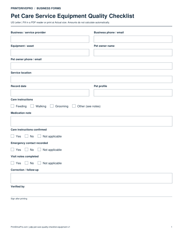 Preview of Pet Care Service Equipment Quality Checklist