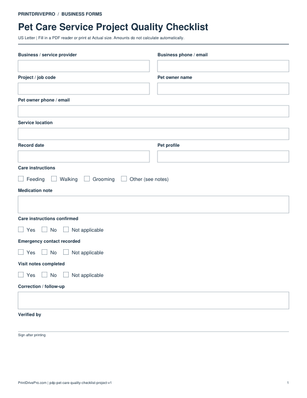 Preview of Pet Care Service Project Quality Checklist