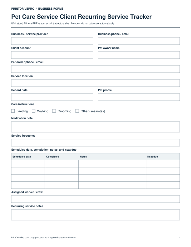 Preview of Pet Care Service Client Recurring Service Tracker
