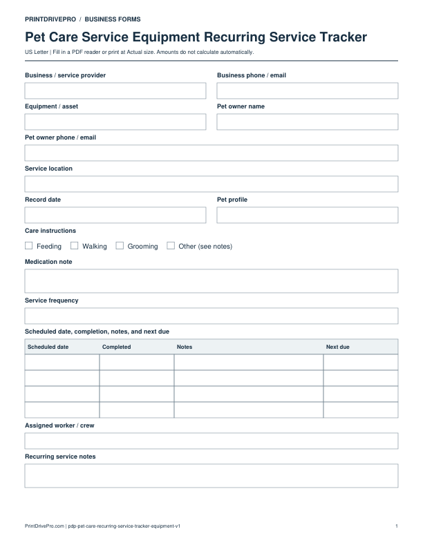 Preview of Pet Care Service Equipment Recurring Service Tracker