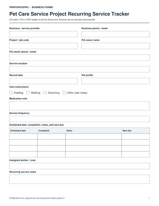 Preview of Pet Care Service Project Recurring Service Tracker