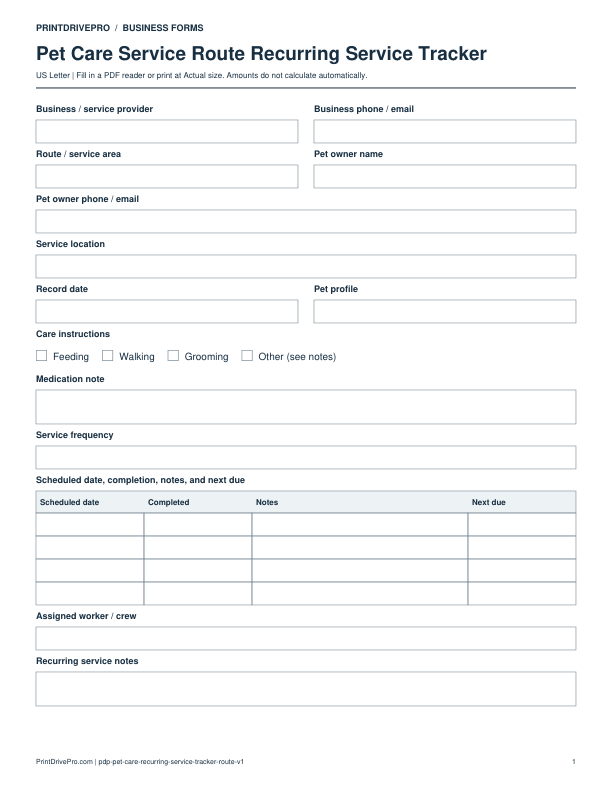 Preview of Pet Care Service Route Recurring Service Tracker