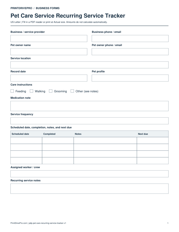 Preview of Pet Care Service Recurring Service Tracker