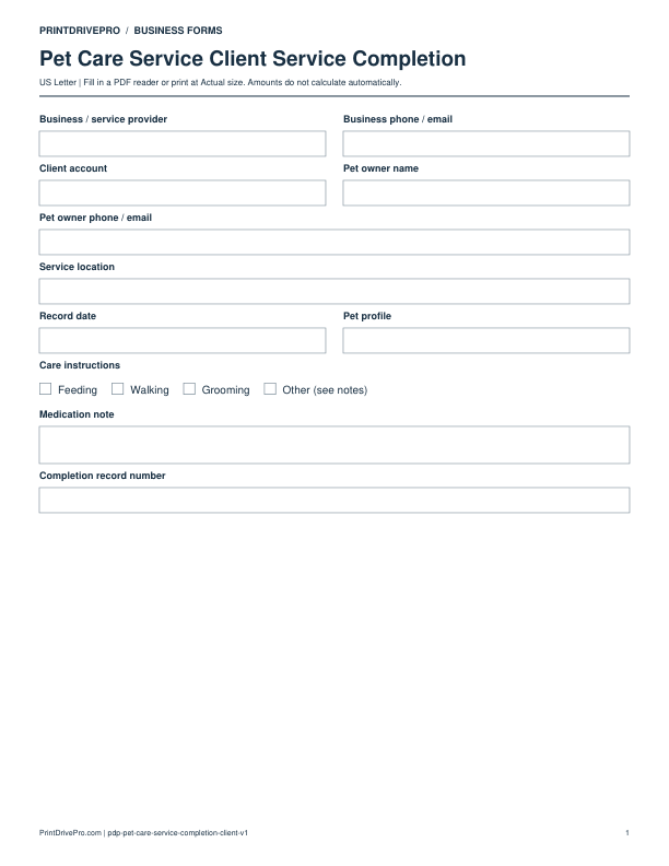 Preview of Pet Care Service Client Service Completion