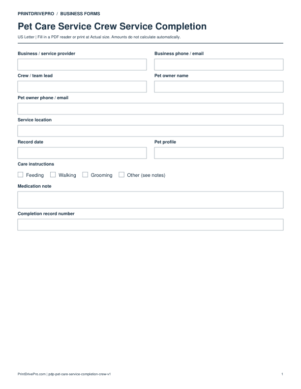 Preview of Pet Care Service Crew Service Completion