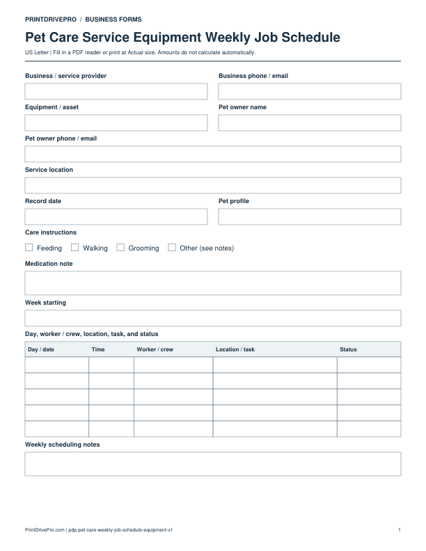 Preview of Pet Care Service Equipment Weekly Job Schedule