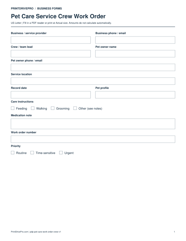 Preview of Pet Care Service Crew Work Order