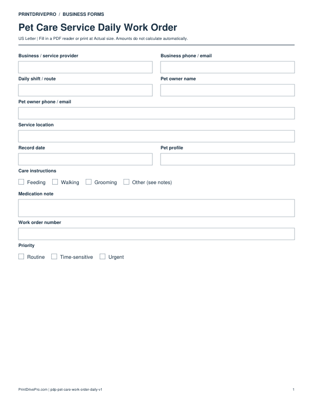 Preview of Pet Care Service Daily Work Order