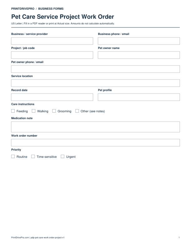 Preview of Pet Care Service Project Work Order