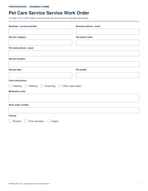 Preview of Pet Care Service Service Work Order