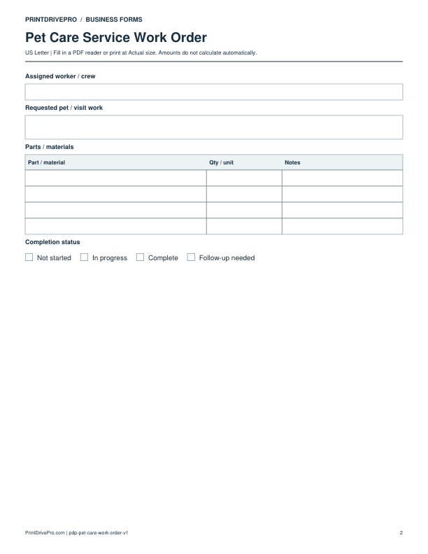 Page 2 of Pet Care Service Work Order Printable