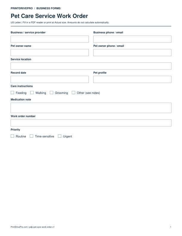 Preview of Pet Care Service Work Order