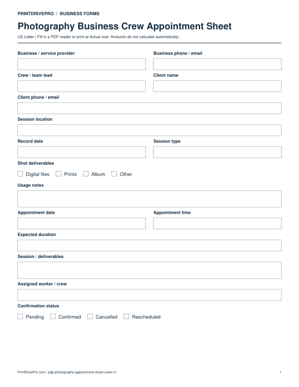 Preview of Photography Business Crew Appointment Sheet