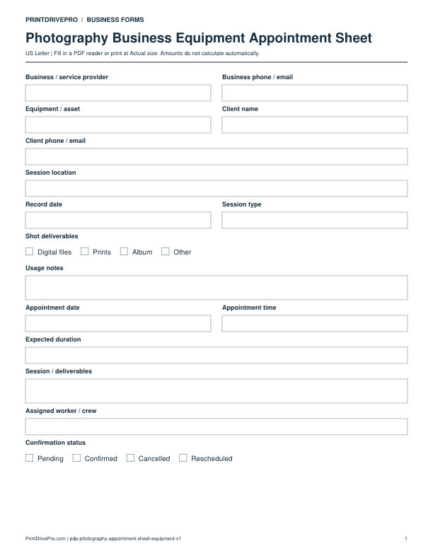 Preview of Photography Business Equipment Appointment Sheet