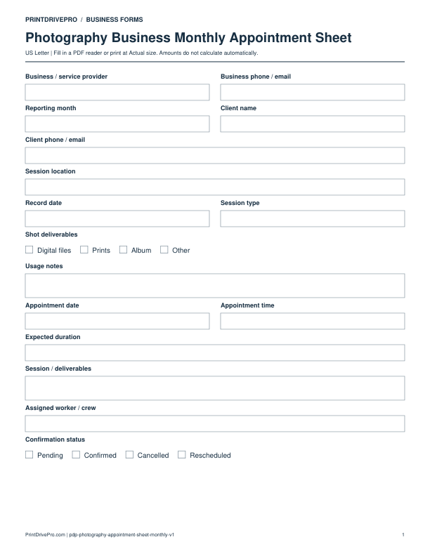Preview of Photography Business Monthly Appointment Sheet