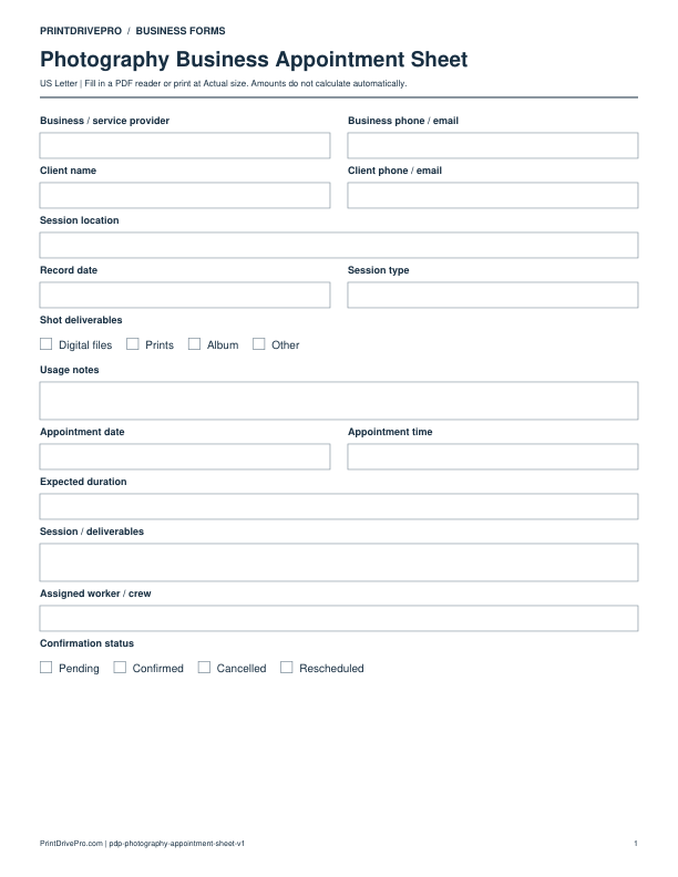 Preview of Photography Business Appointment Sheet