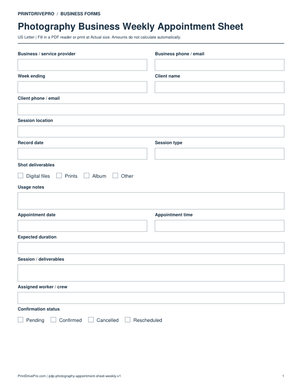 Preview of Photography Business Weekly Appointment Sheet