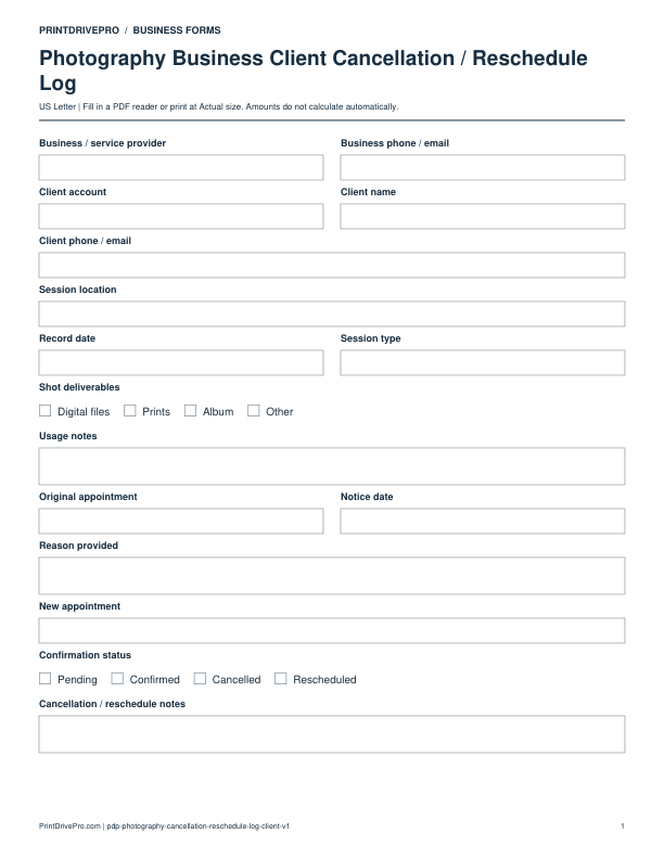 Preview of Photography Business Client Cancellation / Reschedule Log