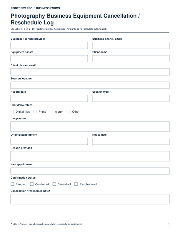 Preview of Photography Business Equipment Cancellation / Reschedule Log