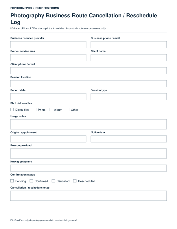 Preview of Photography Business Route Cancellation / Reschedule Log