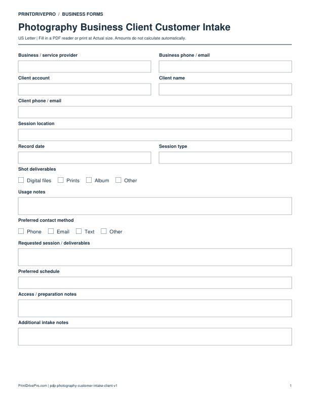 Preview of Photography Business Client Customer Intake