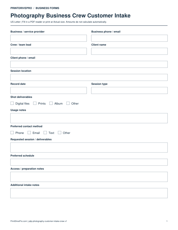 Preview of Photography Business Crew Customer Intake