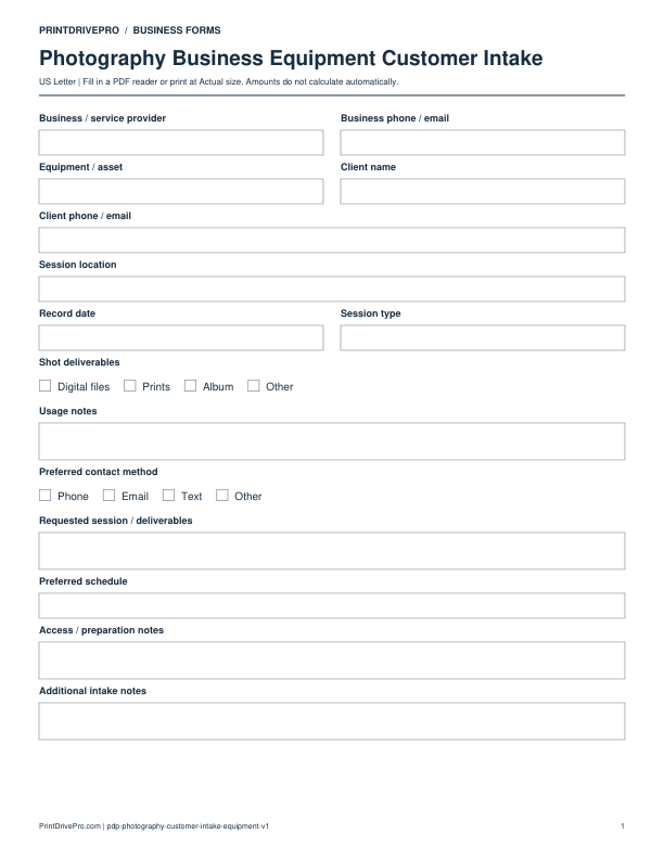 Preview of Photography Business Equipment Customer Intake