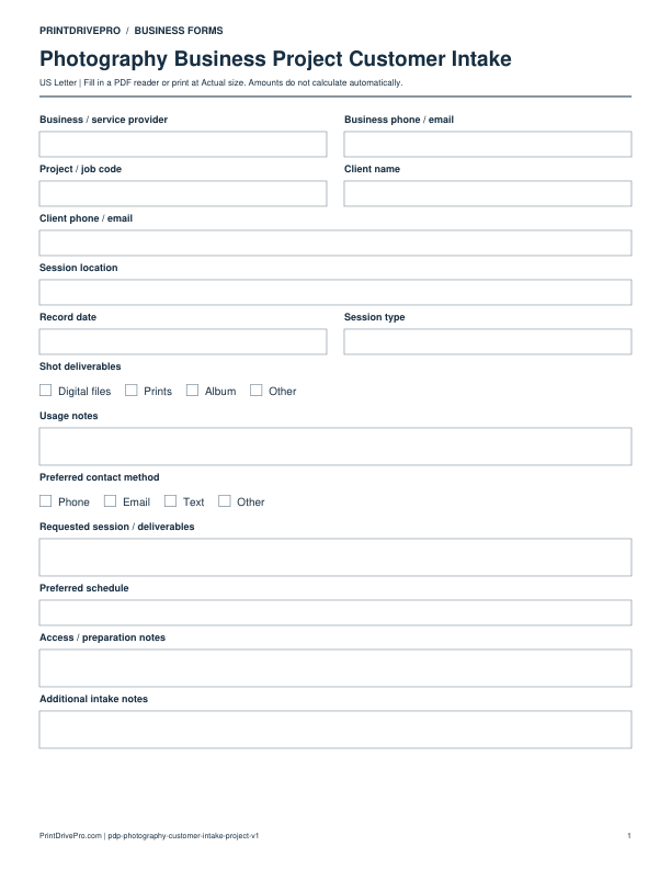 Preview of Photography Business Project Customer Intake