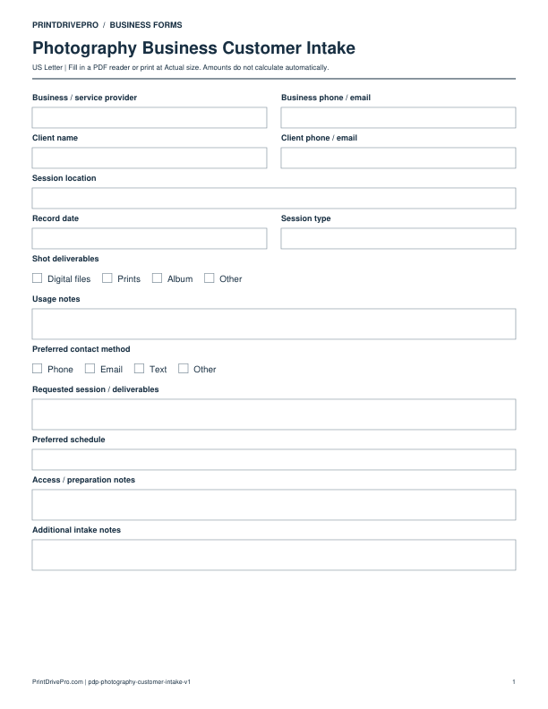 Preview of Photography Business Customer Intake