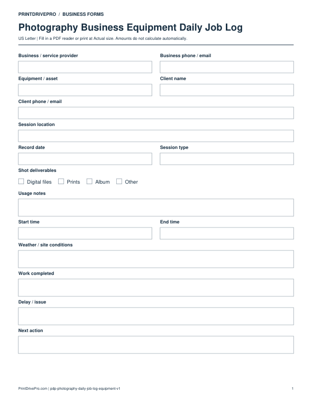 Preview of Photography Business Equipment Daily Job Log
