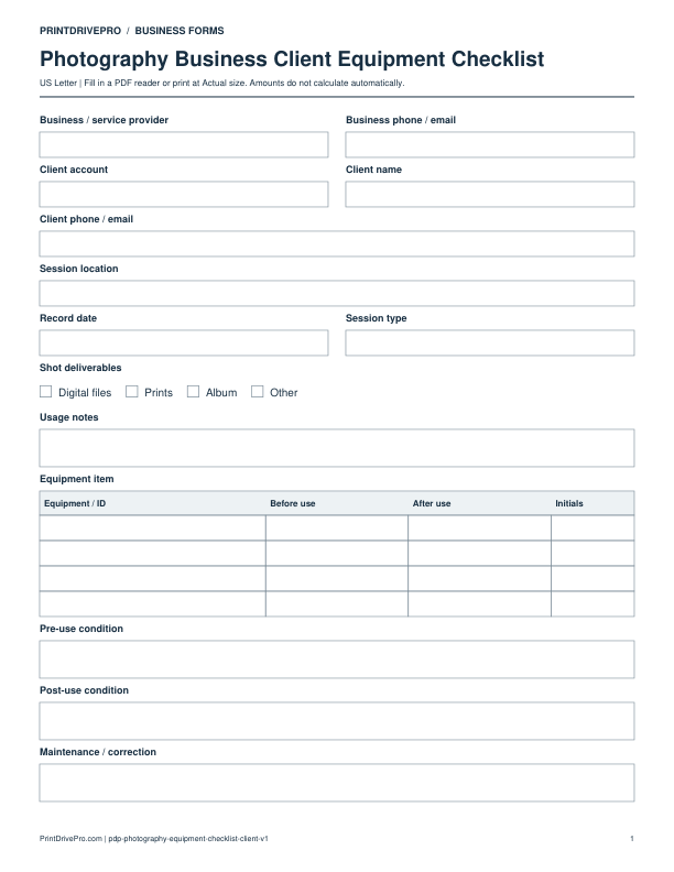 Preview of Photography Business Client Equipment Checklist