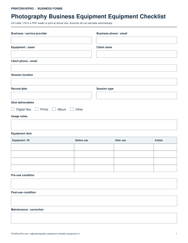 Preview of Photography Business Equipment Equipment Checklist