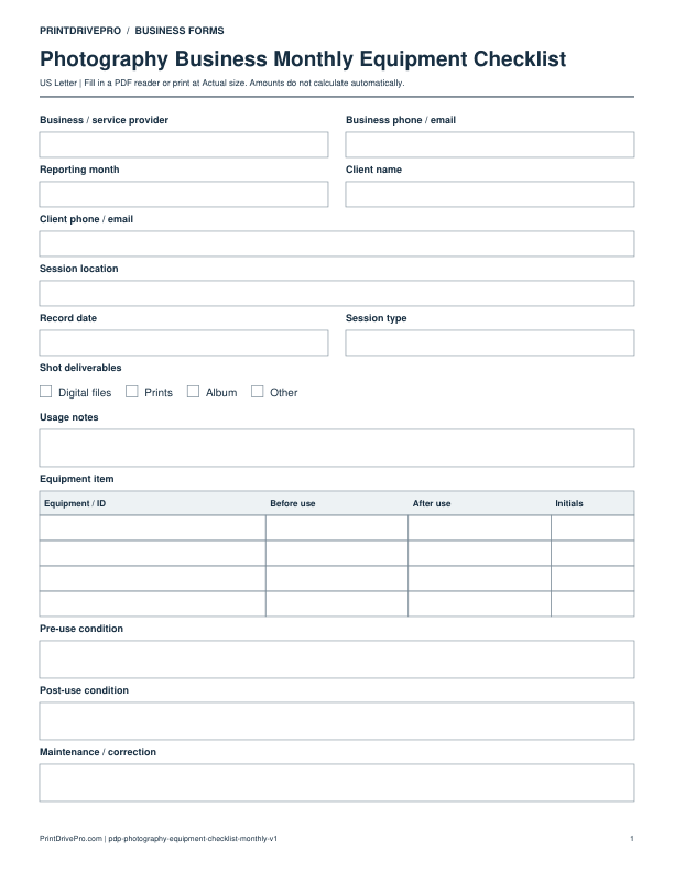 Preview of Photography Business Monthly Equipment Checklist