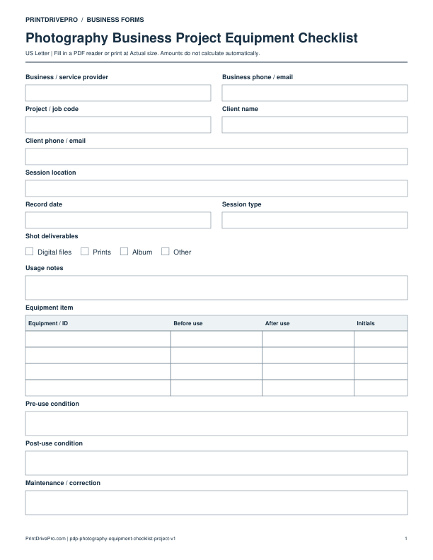 Preview of Photography Business Project Equipment Checklist