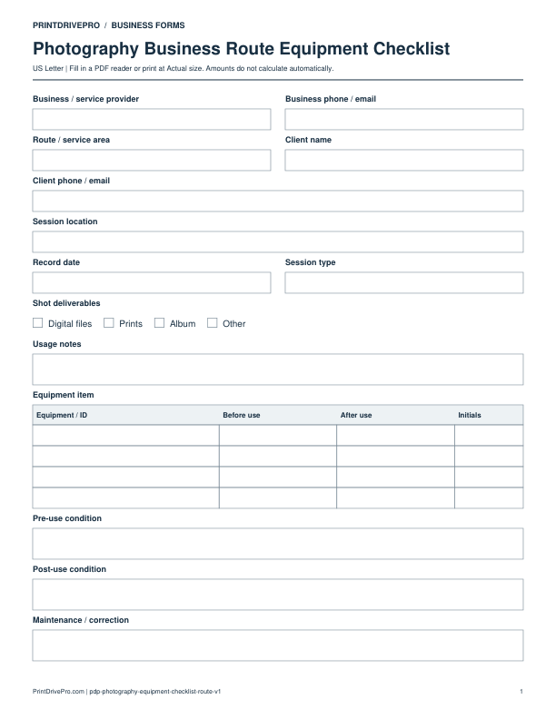 Preview of Photography Business Route Equipment Checklist