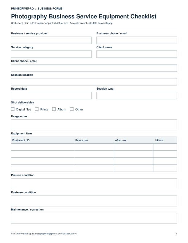 Preview of Photography Business Service Equipment Checklist