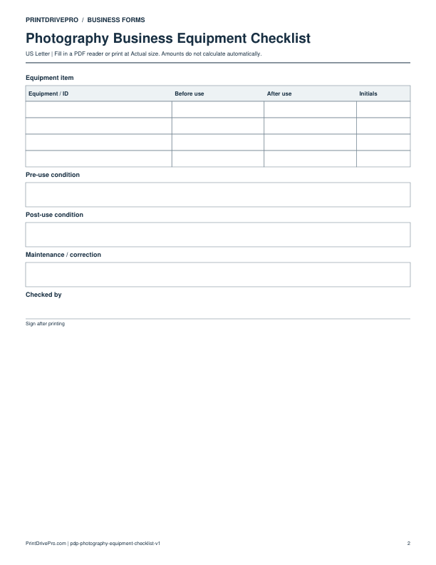 Page 2 of Photography Business Equipment Checklist Printable