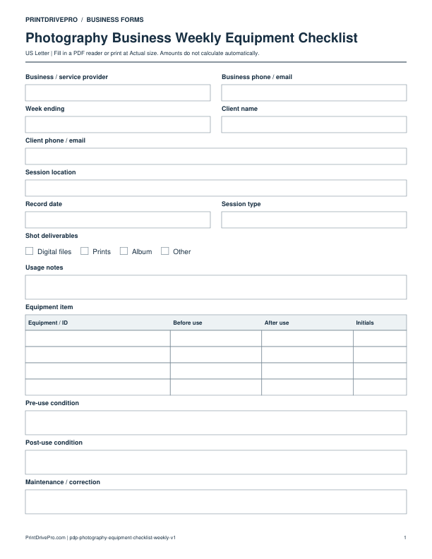 Preview of Photography Business Weekly Equipment Checklist