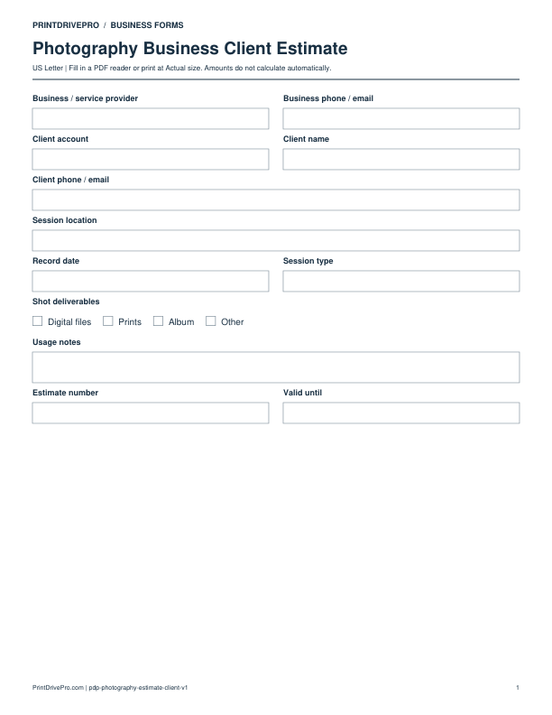 Preview of Photography Business Client Estimate