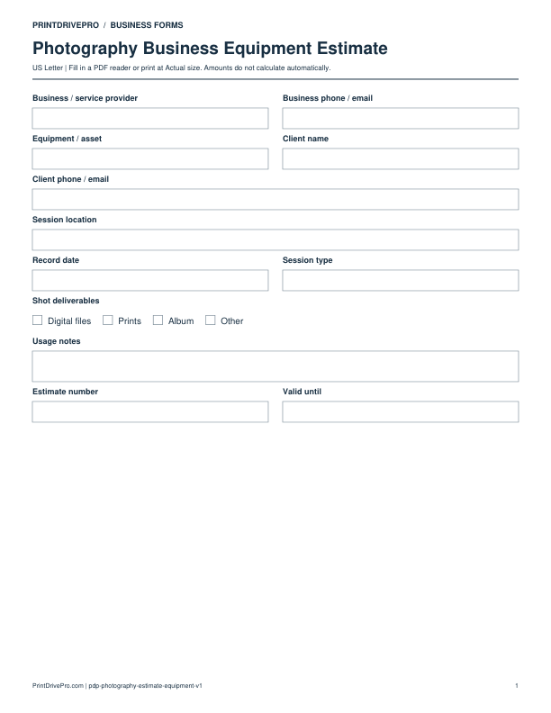 Preview of Photography Business Equipment Estimate
