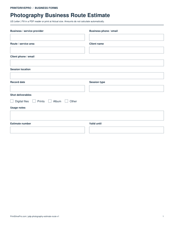 Preview of Photography Business Route Estimate