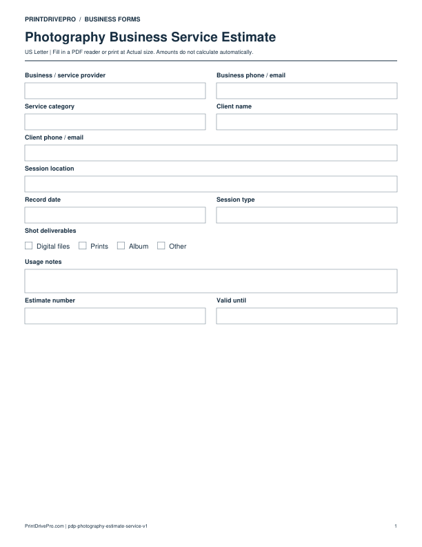 Preview of Photography Business Service Estimate
