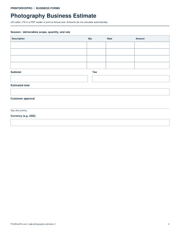 Page 2 of Photography Business Estimate Printable