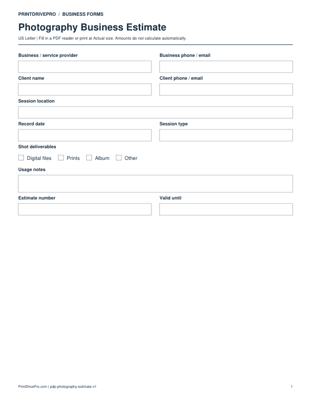 Preview of Photography Business Estimate